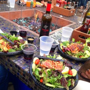 Mahi Mahi salads and red wine at the Fish Shop in Pacific Beach San Diego