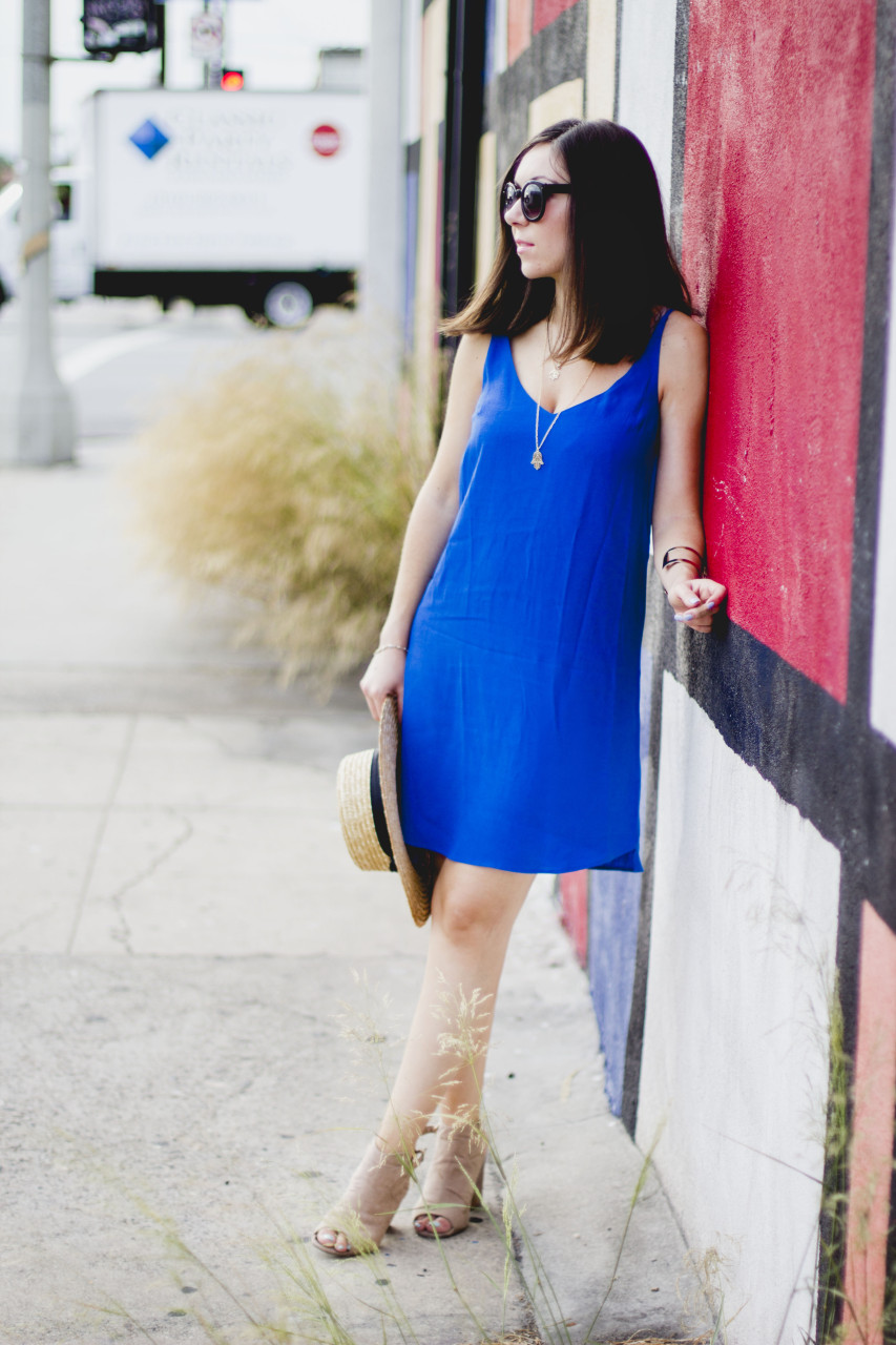 Nihan wearing Topshop blue dress, Lack of Color spencer boater hat and JustFab nude booties