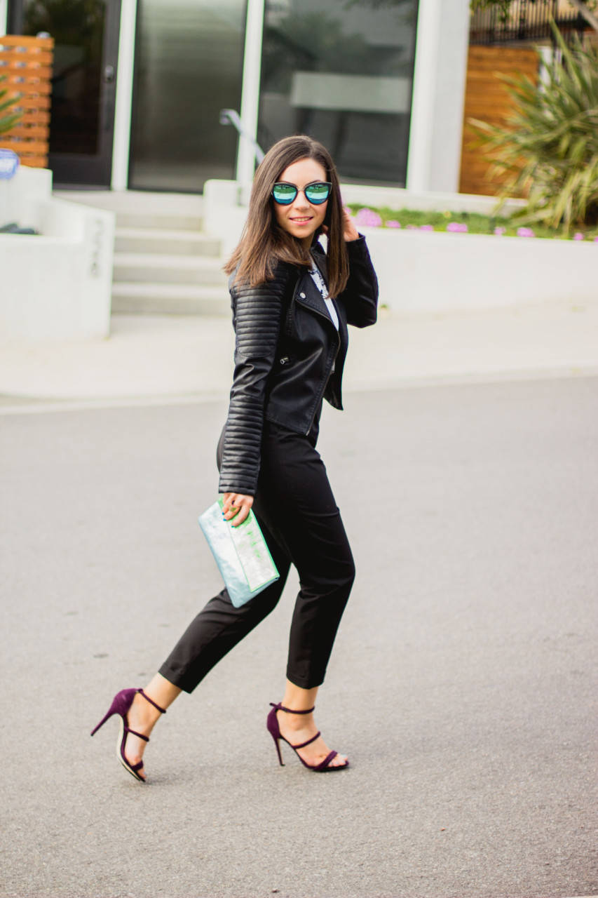 Topshop black leather jacket and black trousers