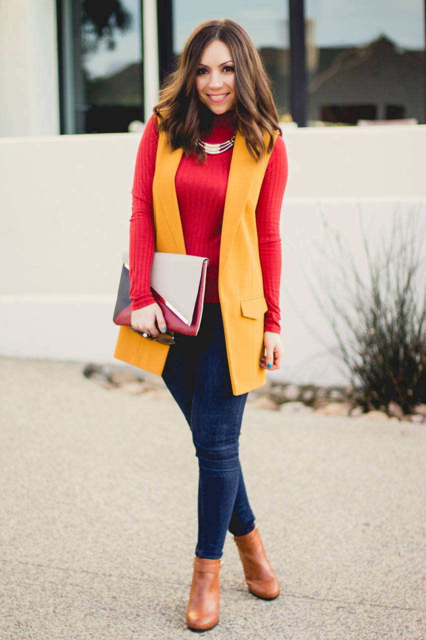 Topshop mustard long vest, jeans and ankle boots