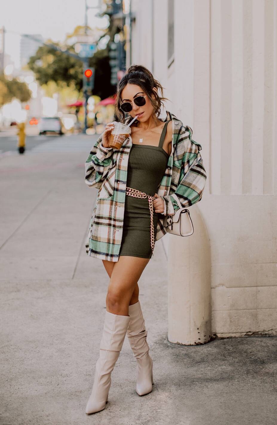 Style with Nihan wearing a plaid Zara shacket and Public Desire knee high boots downtown San Diego