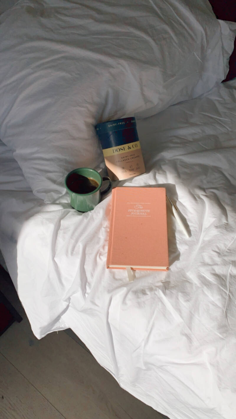 White Water Cambria deluxe king room morning light coffee and gratitude journal and dose & co collagen